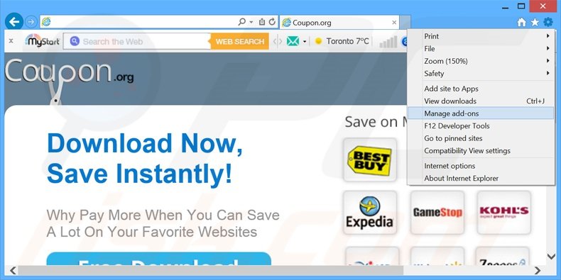 Suppression des publicités Coupoon dans Internet Explorer étape 1
