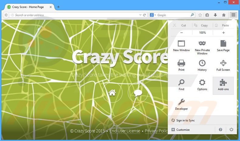 Suppression des publicités Crazy Score dans Mozilla Firefox étape 1