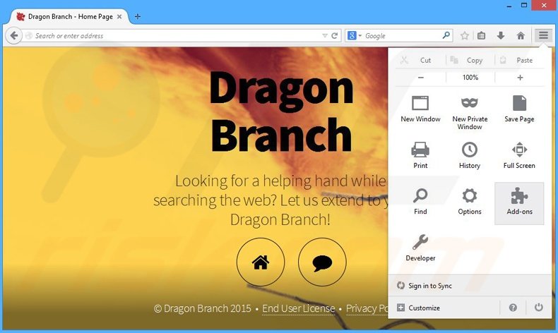 Suppression des publicités Dragon Branch dans Mozilla Firefox étape 1