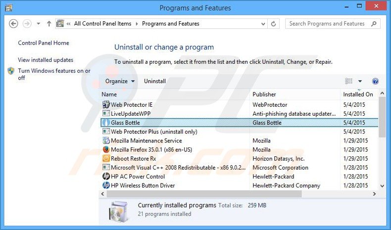 Désinstallation du logiciel de publicité glass bottle via le Panneau de Configuration