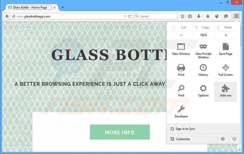 Suppression des publicités glass bottle dans Mozilla Firefox étape 1