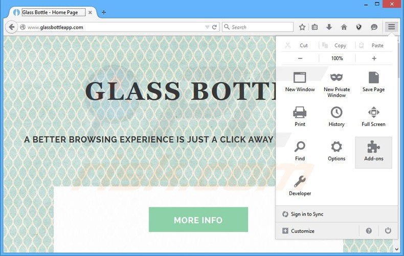 Suppression des publicités glass bottle dans Mozilla Firefox étape 1