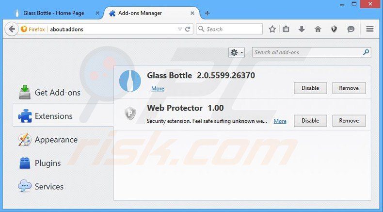 Suppression des publicités glass bottle dans Mozilla Firefox étape 2