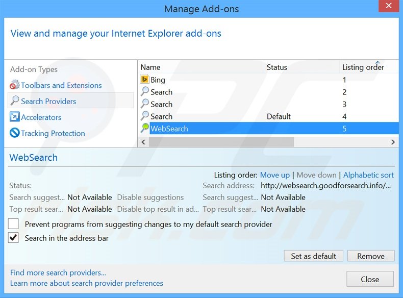 Suppression du moteur de recherche par défaut de websearch.goodforsearch.info dans Internet Explorer