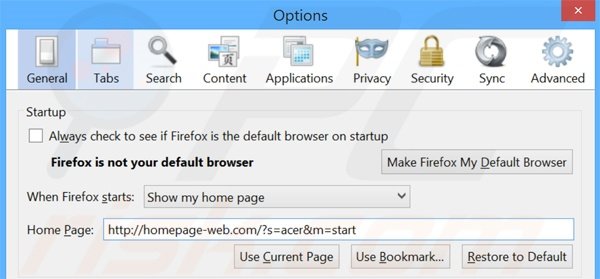Suppression de la page d'accueil de homepage-web.com dans Mozilla Firefox 