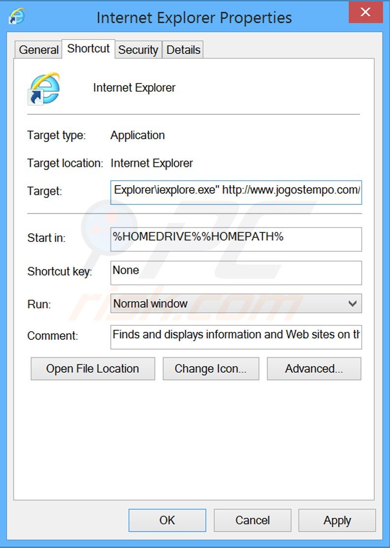 Suppression du raccourci cible de jogostempo.com dans Internet Explorer étape 2