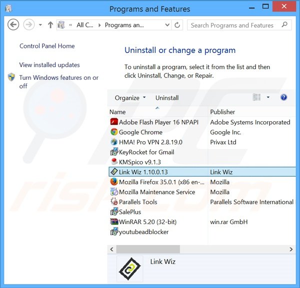 Désinstallation du logiciel de publicité LinkWiz via le Panneau de Configuration
