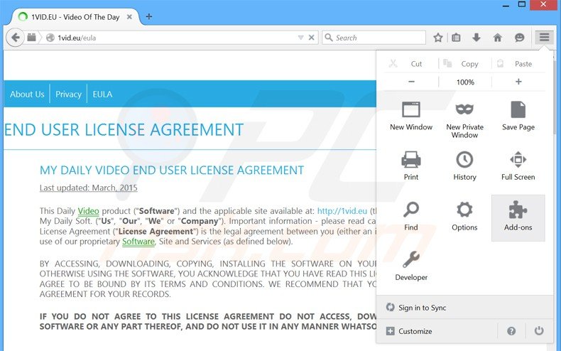 Suppression des publicités My Daily Video dans Mozilla Firefox étape 1