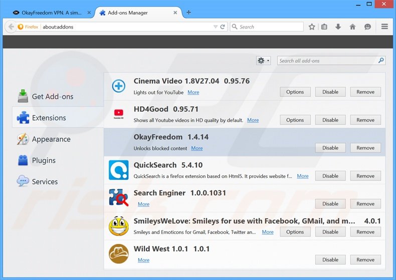 Suppression des publicités OkayFreedom dans Mozilla Firefox étape 2