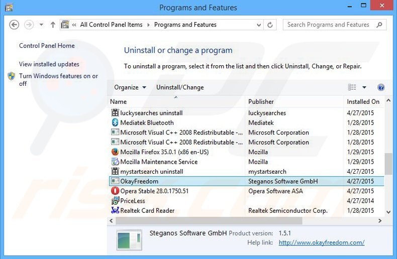 Désinstallation du logiciel de publicité OkayFreedom via le Panneau de Configuration