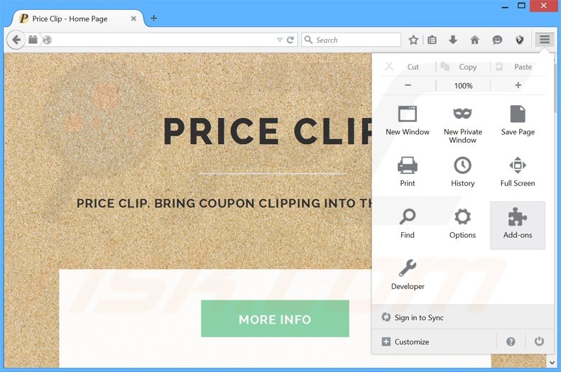 Suppression des publicités Price Clip dans Mozilla Firefox étape 1