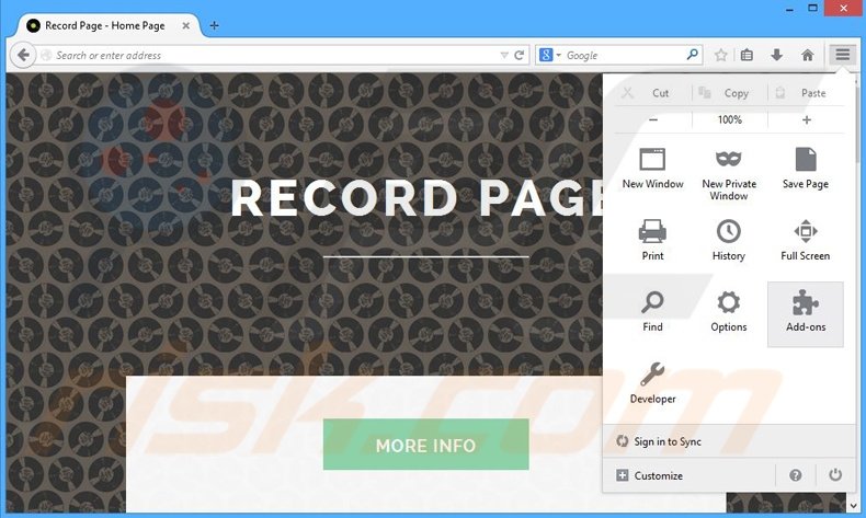 Suppression des publicités Record Page dans Mozilla Firefox étape 1