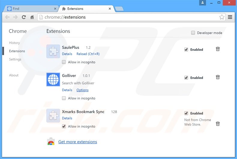 Suppression des extensions reliées à search.golliver.com dans Google Chrome