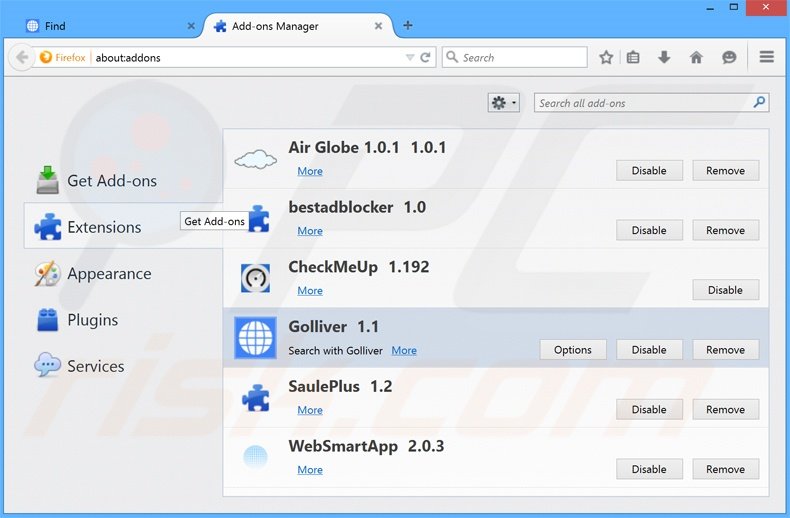 Suppression des extensions reliées à search.golliver.com dans Mozilla Firefox