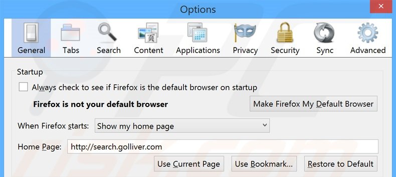 Suppression de la page d'accueil de search.golliver.com dans Mozilla Firefox 