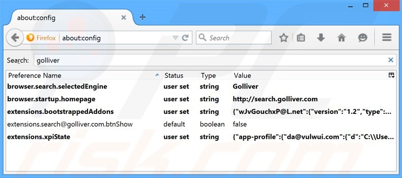 Suppression du moteur de recherche par défaut de search.golliver.com dans Mozilla Firefox 
