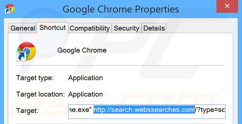 Suppression du raccourci cible de search.webssearches.com dans Google Chrome étape 2