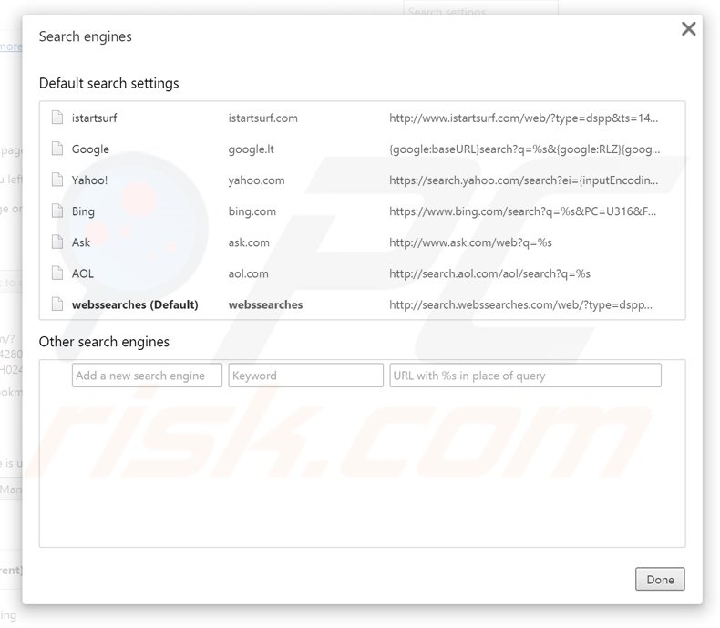 Suppression du moteur de recherche par défaut de search.webssearches.com dans Google Chrome 