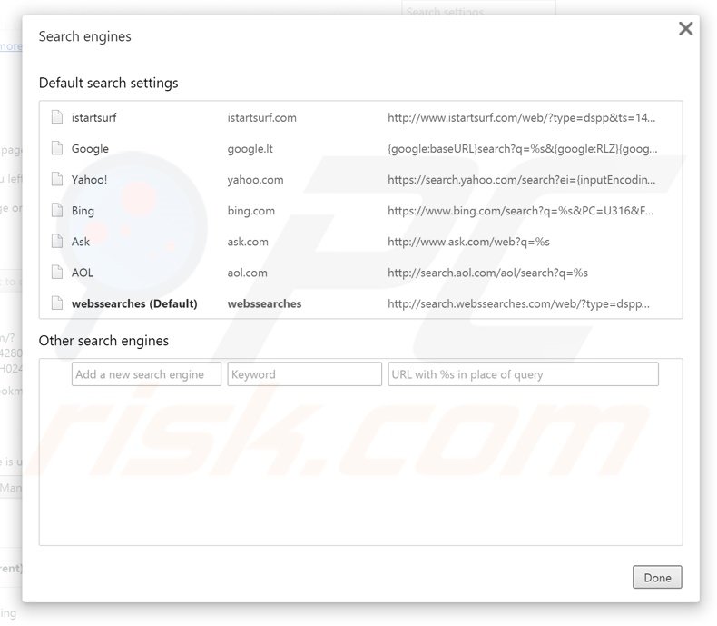 Suppression du moteur de recherche par défaut de search.webssearches.com dans Google Chrome 