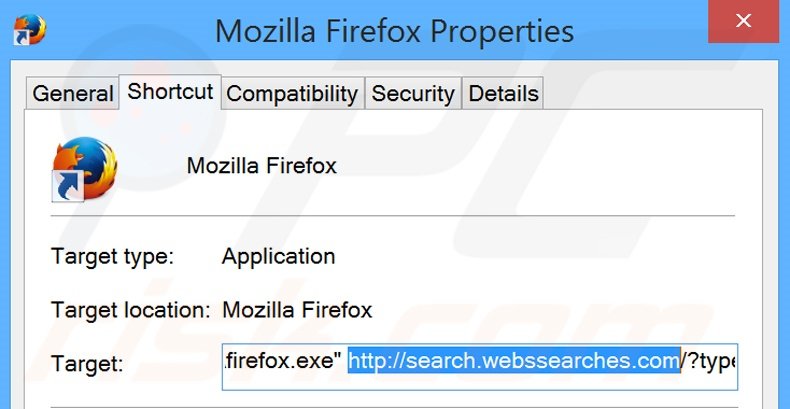 Suppression du raccourci cible de search.webssearches.com dans Mozilla Firefox étape 2