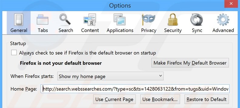 Suppression de la page d'accueil de search.webssearches.com dans Mozilla Firefox