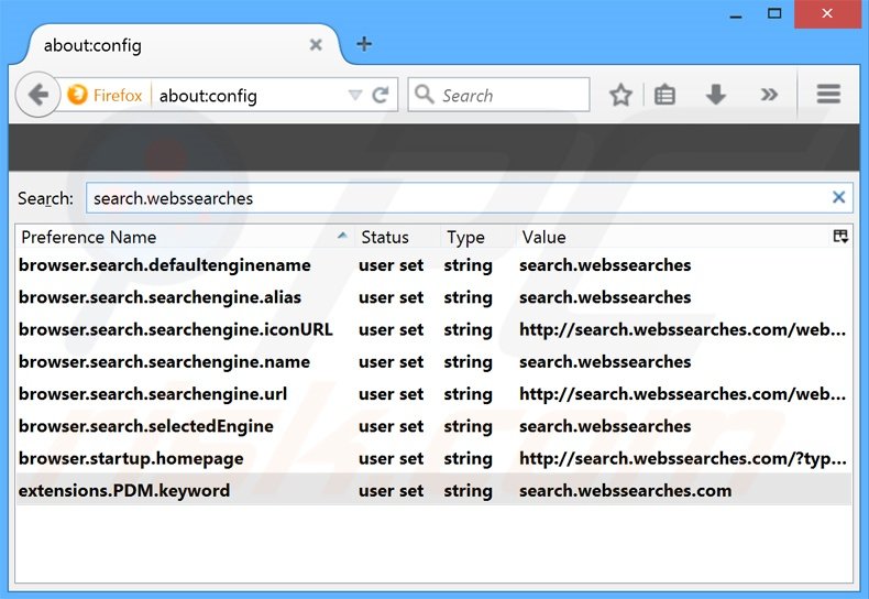 Suppression du moteur de recherche par défaut de search.webssearches.com dans Mozilla Firefox 