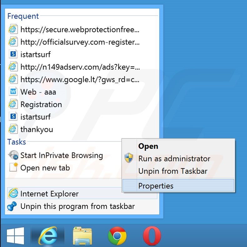 Suppression du raccourci cible de search.webssearches.com dans Internet Explorer étape 1