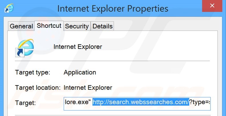 Suppression du raccourci cible de search.webssearches.com dans Internet Explorer étape 2