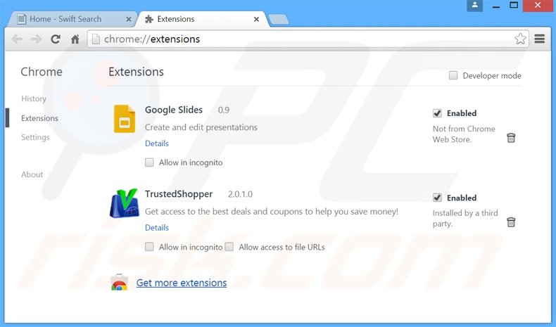 Suppression des publicités Swift Search dans Google Chrome étape 2