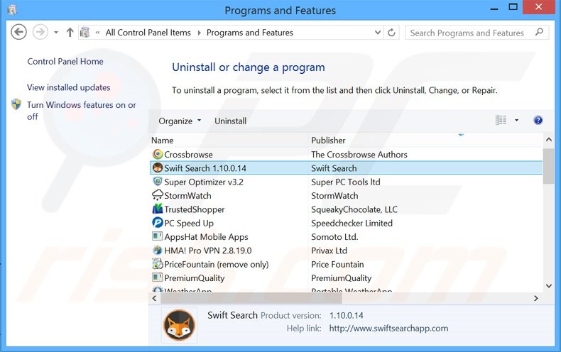  Désinstallation du logiciel de publicité Swift Search via le Panneau de Configuration