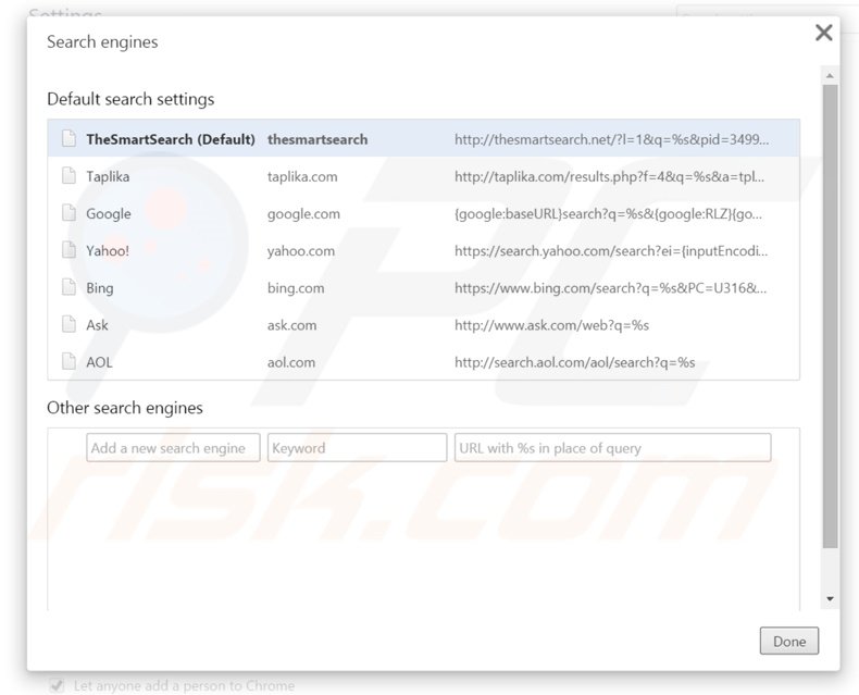 Suppression du moteur de recherche par défaut de thesmartsearch.net dans Google Chrome 