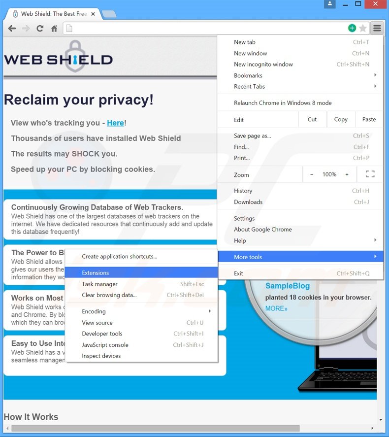 Suppression des publicités Web Shield dans Google Chrome étape 1