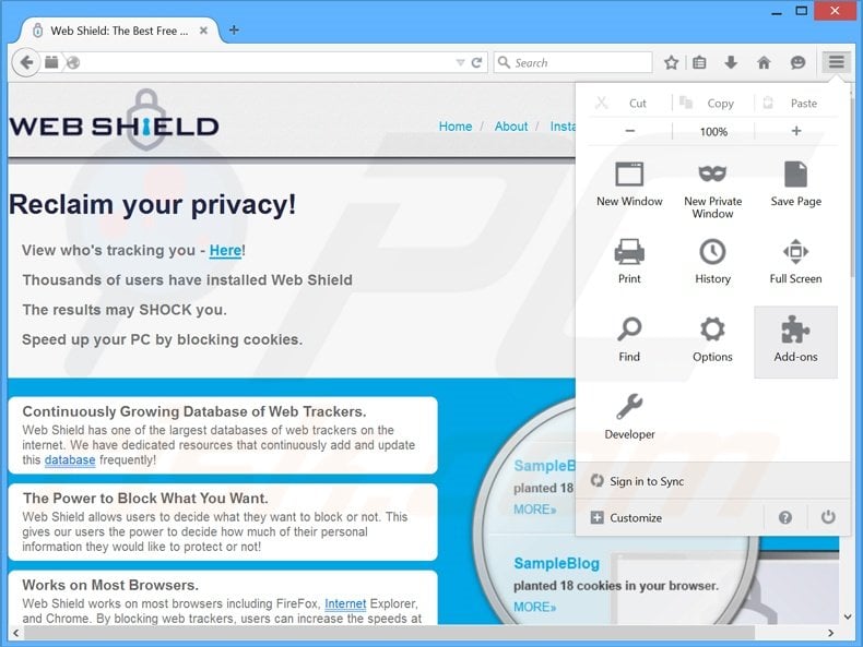 Suppression des publicités Web Shield dans Mozilla Firefox étape 1