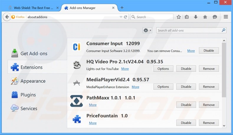 Suppression des publicités Web Shield dans Mozilla Firefox étape 2