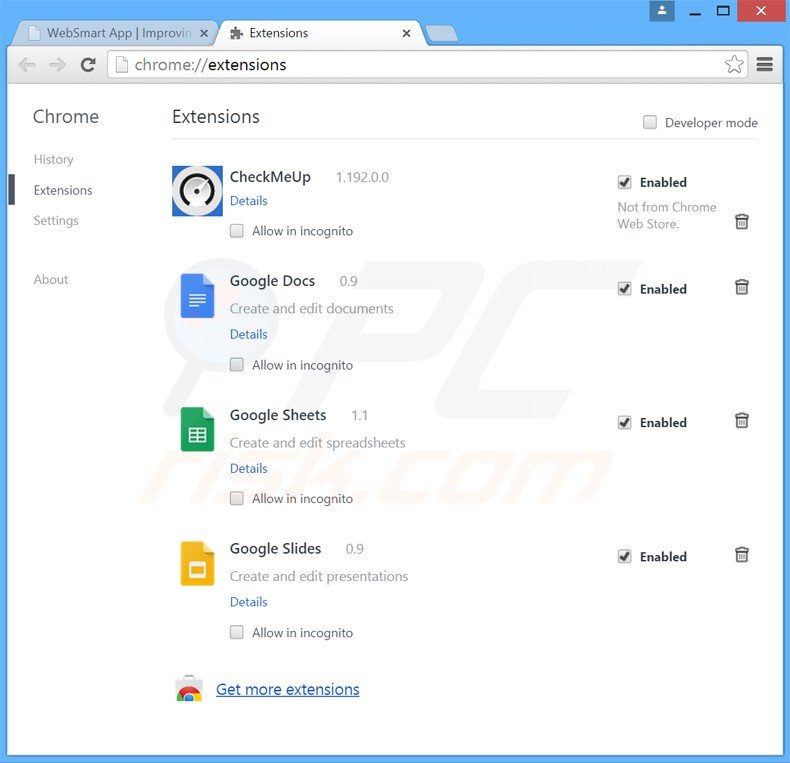 Suppression de websmart dans Google Chrome étape 2