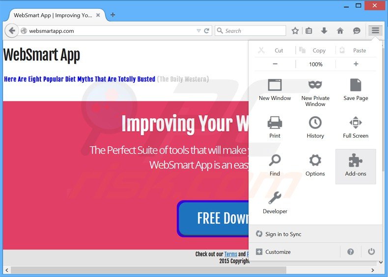 Suppression de websmart app dans Mozilla Firefox étape 1