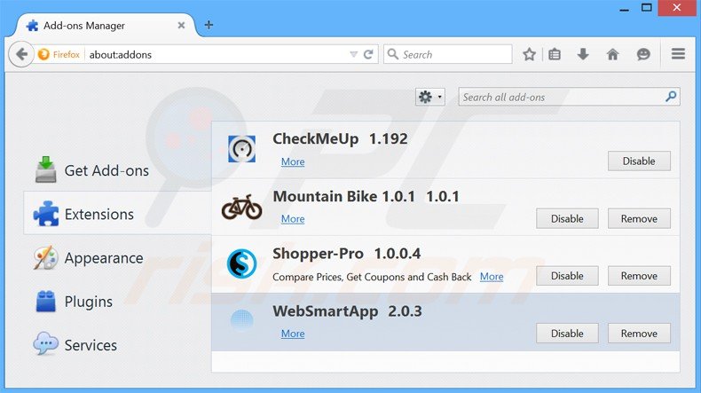 Suppression de websmart app dans Mozilla Firefox étape 2