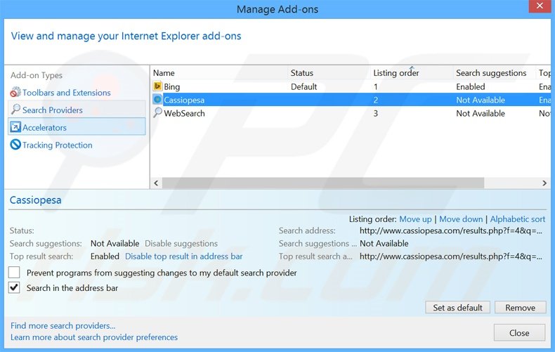 Suppression du moteur de recherche par défaut de cassiopesa.com dans Internet Explorer 