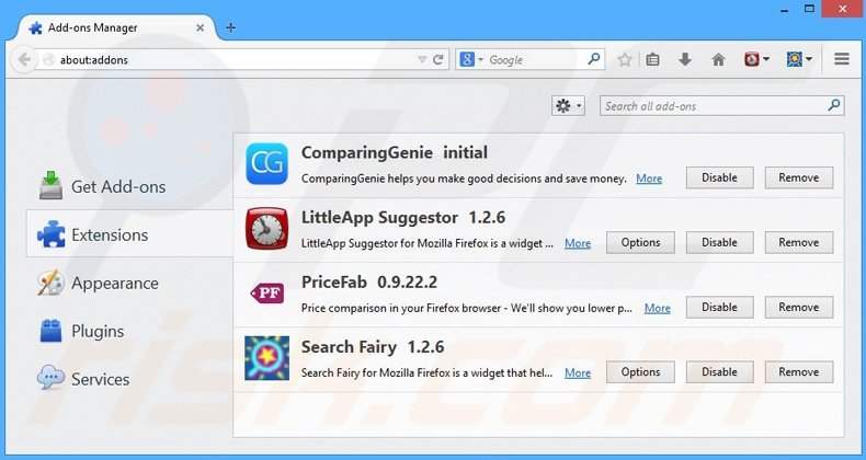 Suppression des publicités ComparingGenie dans Mozilla Firefox étape 2