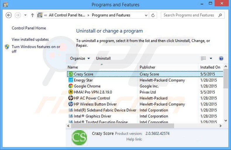 Désinstallation du logiciel de publicité crazy score via le Panneau de Configuration