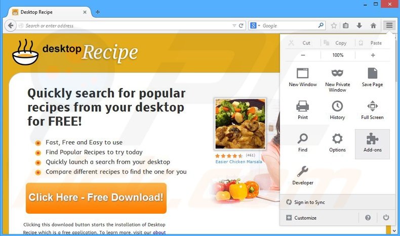 Suppression des publicités Desktop Recipe dans Mozilla Firefox étape 1