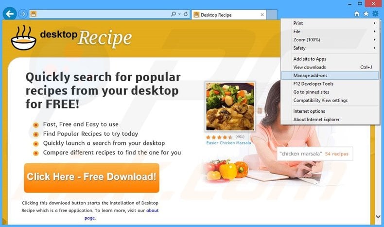 Suppression des publicités Desktop Recipe dans Internet Explorer étape 1