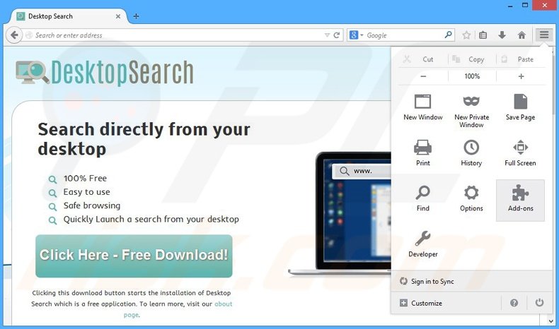 Suppression des publicités Desktop Search dans Mozilla Firefox étape 1