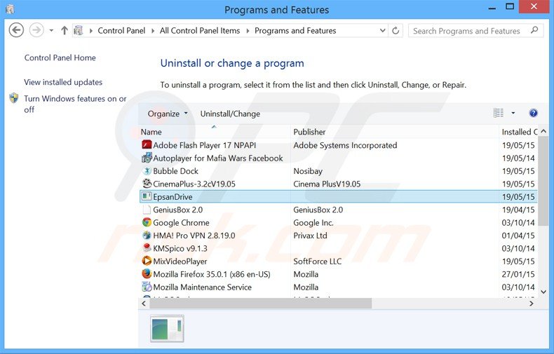 Désinstallation du logiciel de publicité epsandrive via le Panneau de Configuration