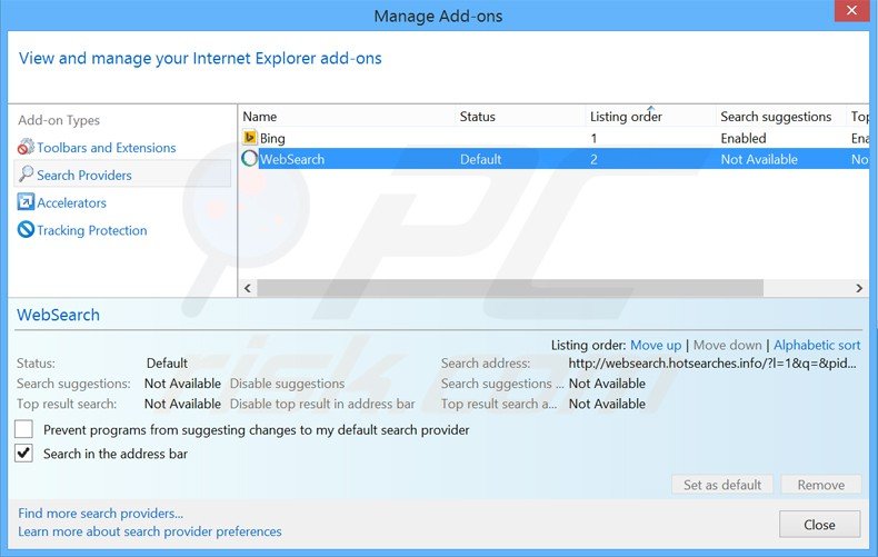 Suppression du moteur de recherche par défaut de websearch.hotsearches.info dans Internet Explorer 