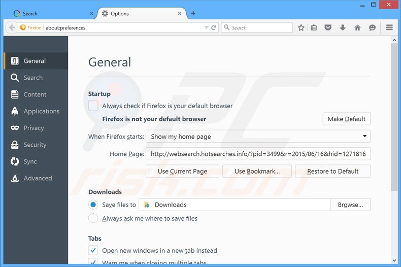 Suppression de la page d'accueil de websearch.hotsearches.info dans Mozilla Firefox 
