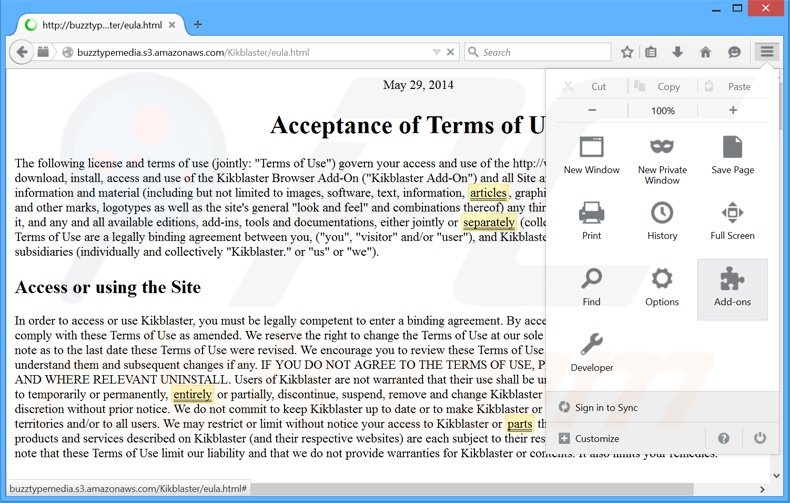 Suppression des publicités Kikblaster dans Mozilla Firefox étape 1