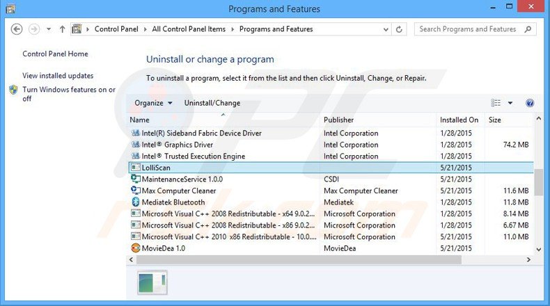 Désinstallation du logiciel de publicité lolliscan via le Panneau de Configuration