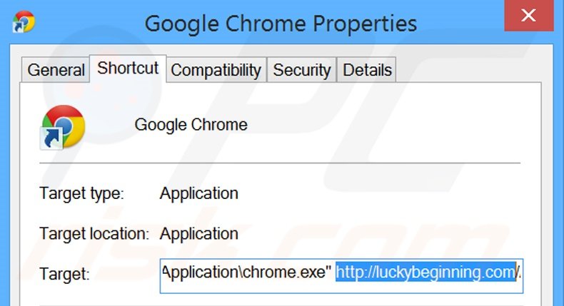 Suppression du raccourci cible de luckybeginning.com dans Google Chrome étape 2