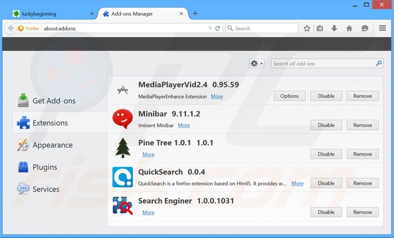 Suppression des extensions reliées à luckybeginning.com dans Mozilla Firefox 
